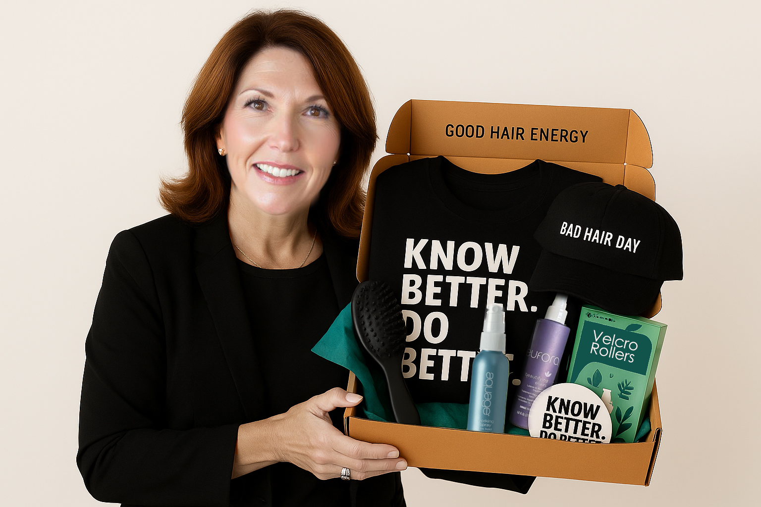 woman holding box of hair products